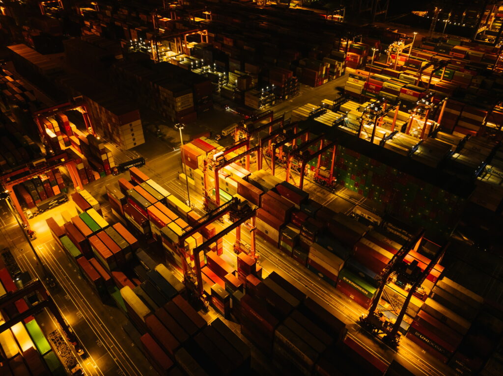 Aerial view of Yantian container terminal at night in Shenzhen city, China